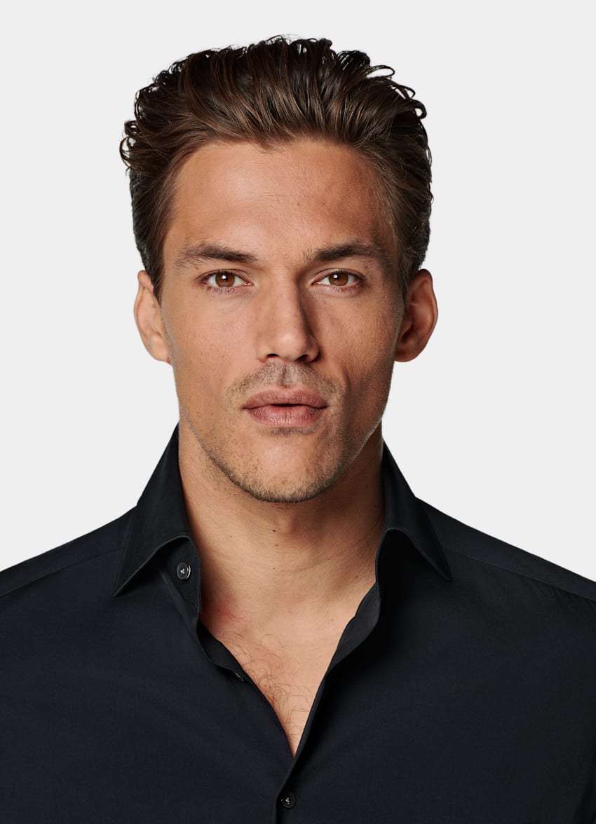 SUITSUPPLY Stretch Cotton Polyamide by Reggiani, Italy Navy Poplin Tailored Fit Shirt