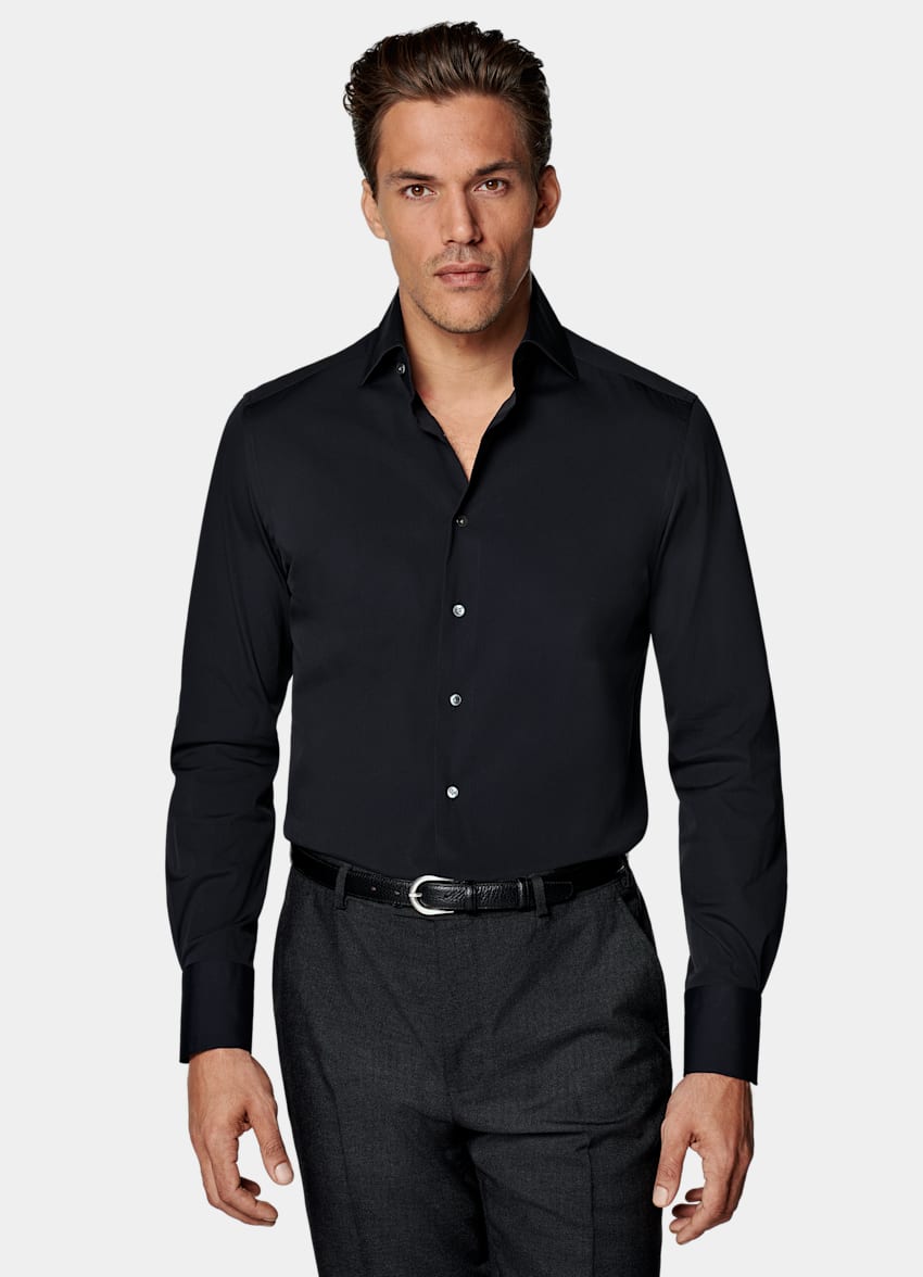 SUITSUPPLY Stretch Cotton Polyamide by Reggiani, Italy Navy Poplin Tailored Fit Shirt