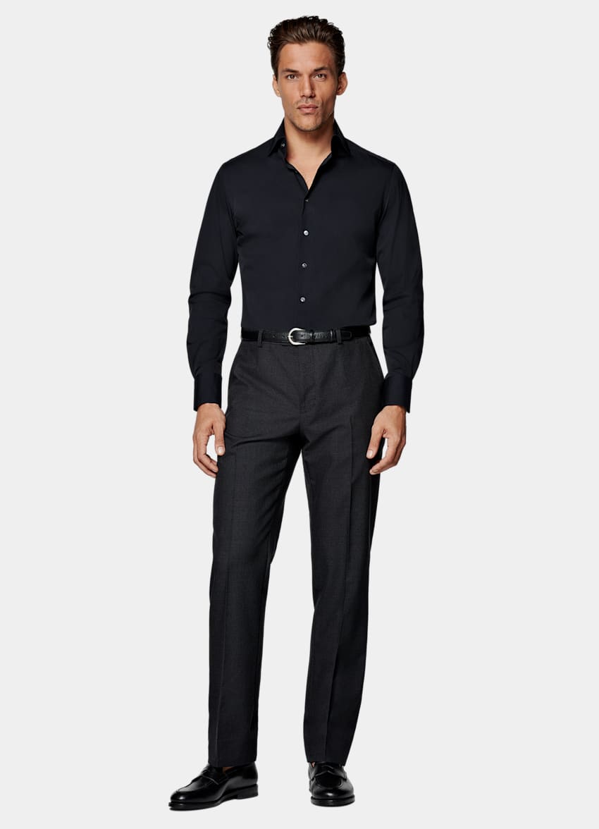 SUITSUPPLY Stretch Cotton Polyamide by Reggiani, Italy Navy Poplin Tailored Fit Shirt