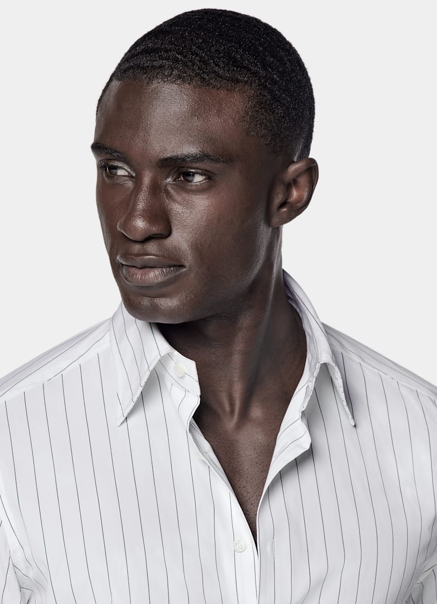 SUITSUPPLY Egyptian Cotton by Thomas Mason, Italy White Striped Point Collar Tailored Fit Shirt