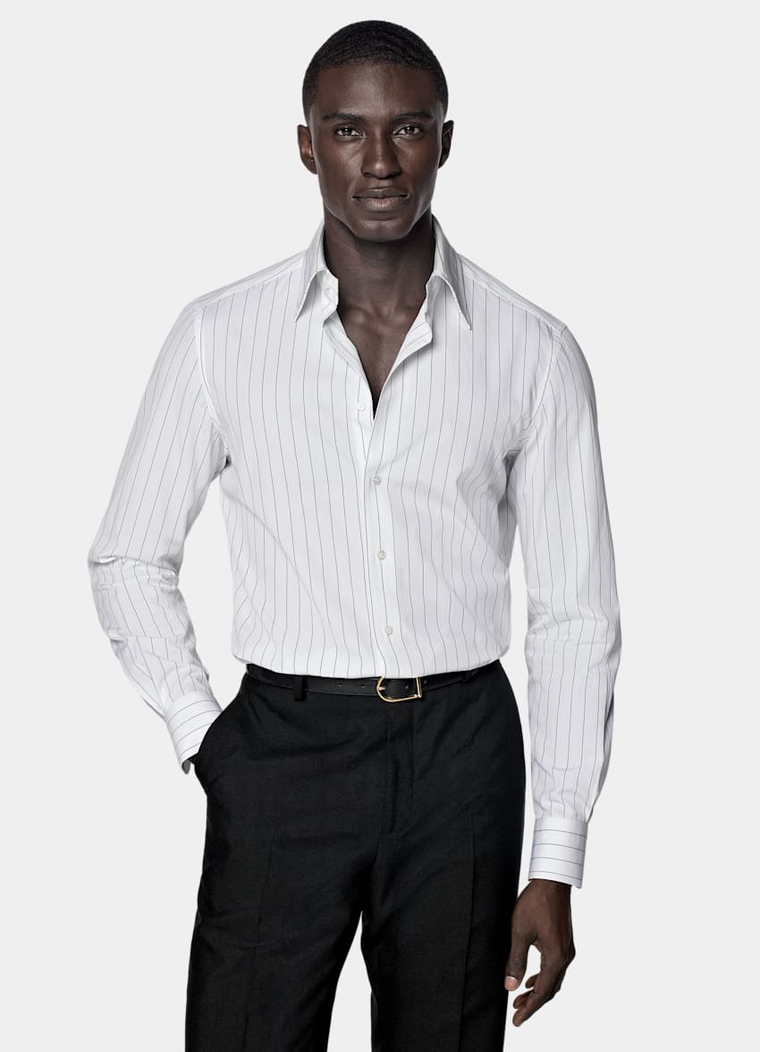 SUITSUPPLY Egyptian Cotton by Thomas Mason, Italy White Striped Point Collar Tailored Fit Shirt