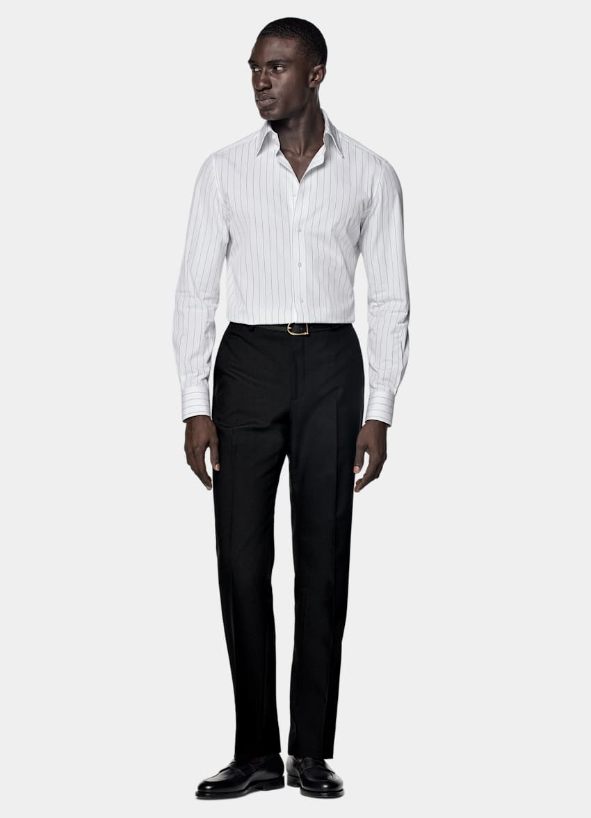 SUITSUPPLY Egyptian Cotton by Thomas Mason, Italy White Striped Point Collar Tailored Fit Shirt
