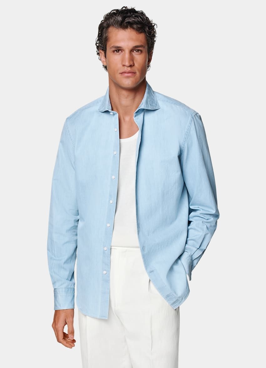 SUITSUPPLY Egyptian Cotton Denim by Albiate, Italy Light Blue Tailored Fit Shirt