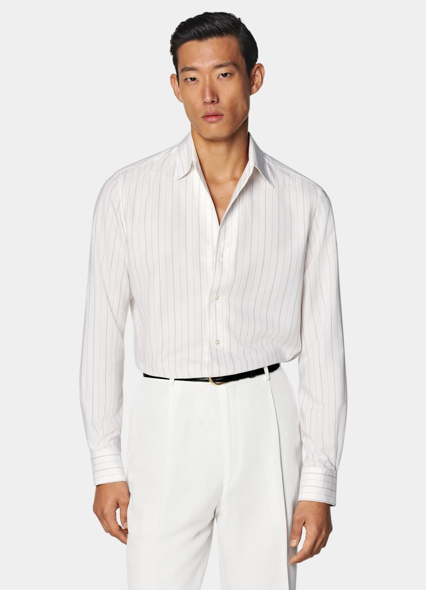 SUITSUPPLY Pure Lyocell by Testa 1919 Srl, Italy Off-White Striped Tailored Fit Shirt