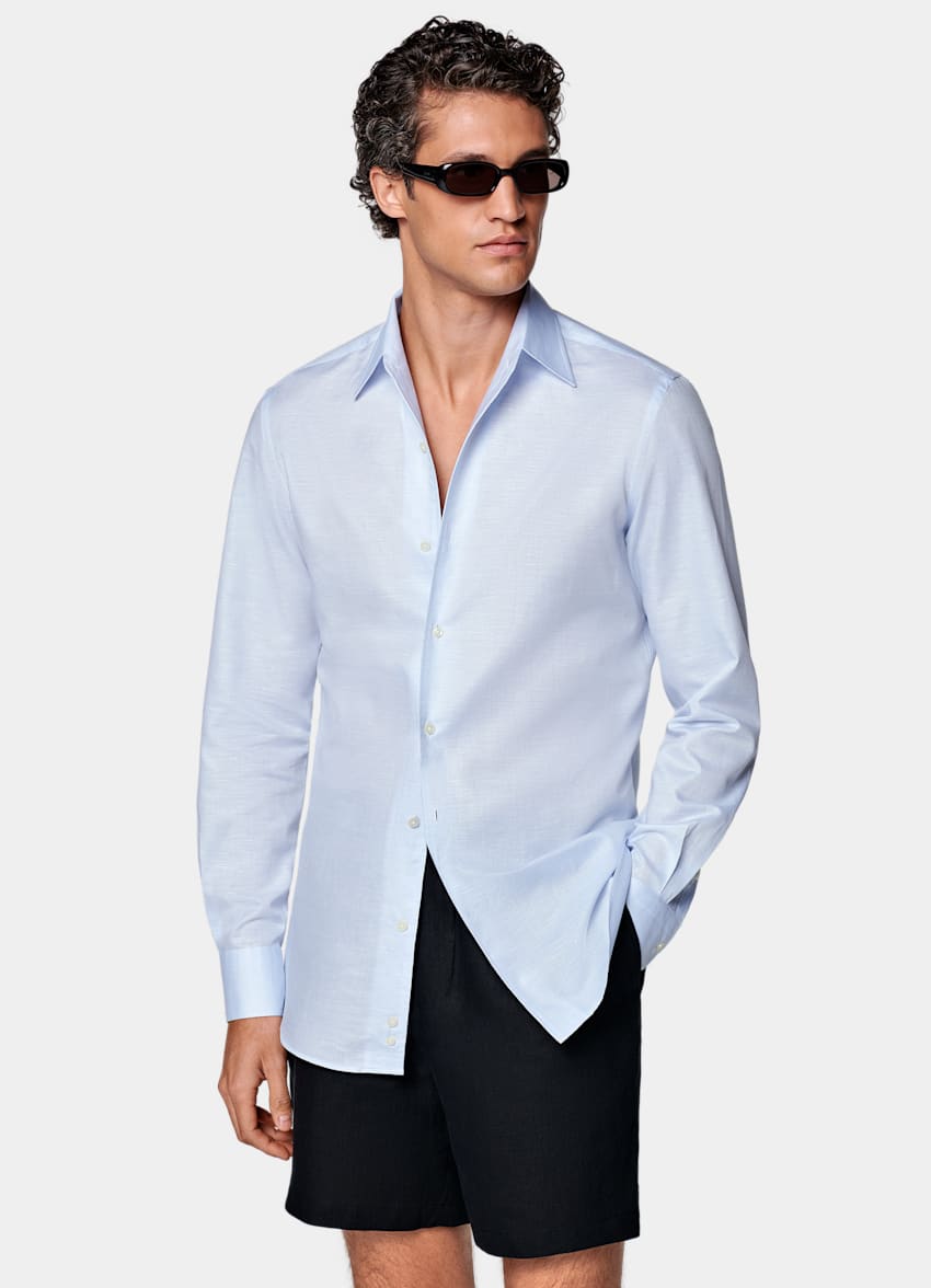 SUITSUPPLY Cotton Linen by Testa 1919 Srl, Italy Light Blue Classic Collar Shirt