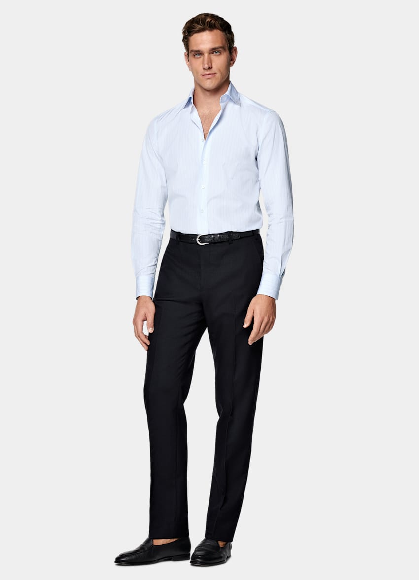 SUITSUPPLY Egyptian Cotton by Albini, Italy Light Blue Striped Tailored Fit Shirt