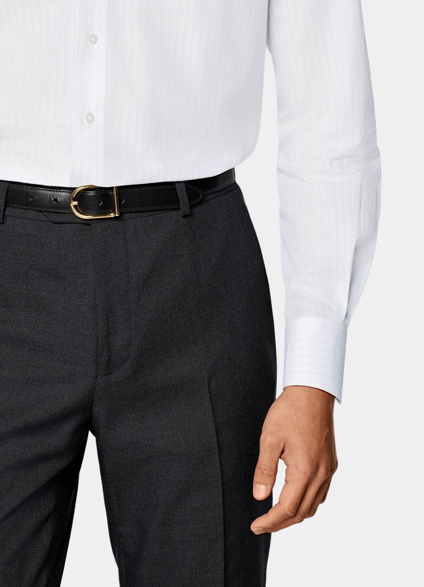SUITSUPPLY Egyptian Cotton by Albini, Italy Light Grey Striped Poplin Tailored Fit Shirt
