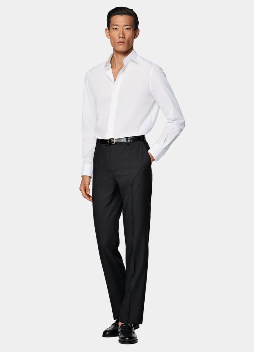 SUITSUPPLY Egyptian Cotton by Albini, Italy Light Grey Striped Poplin Tailored Fit Shirt