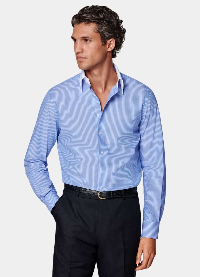 SUITSUPPLY Egyptian Cotton by Albini, Italy Light Blue Striped Tailored Fit Shirt