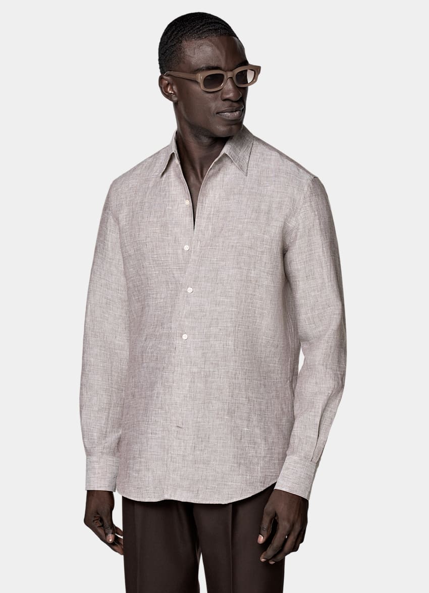 SUITSUPPLY Pure Linen by Albini, Italy Brown Striped Tailored Fit Shirt