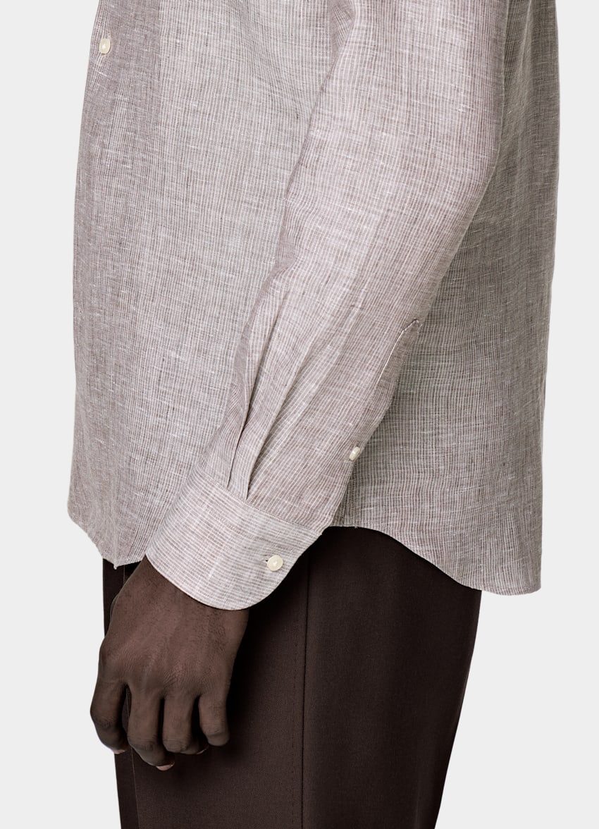 SUITSUPPLY Pure Linen by Albini, Italy Brown Striped Tailored Fit Shirt