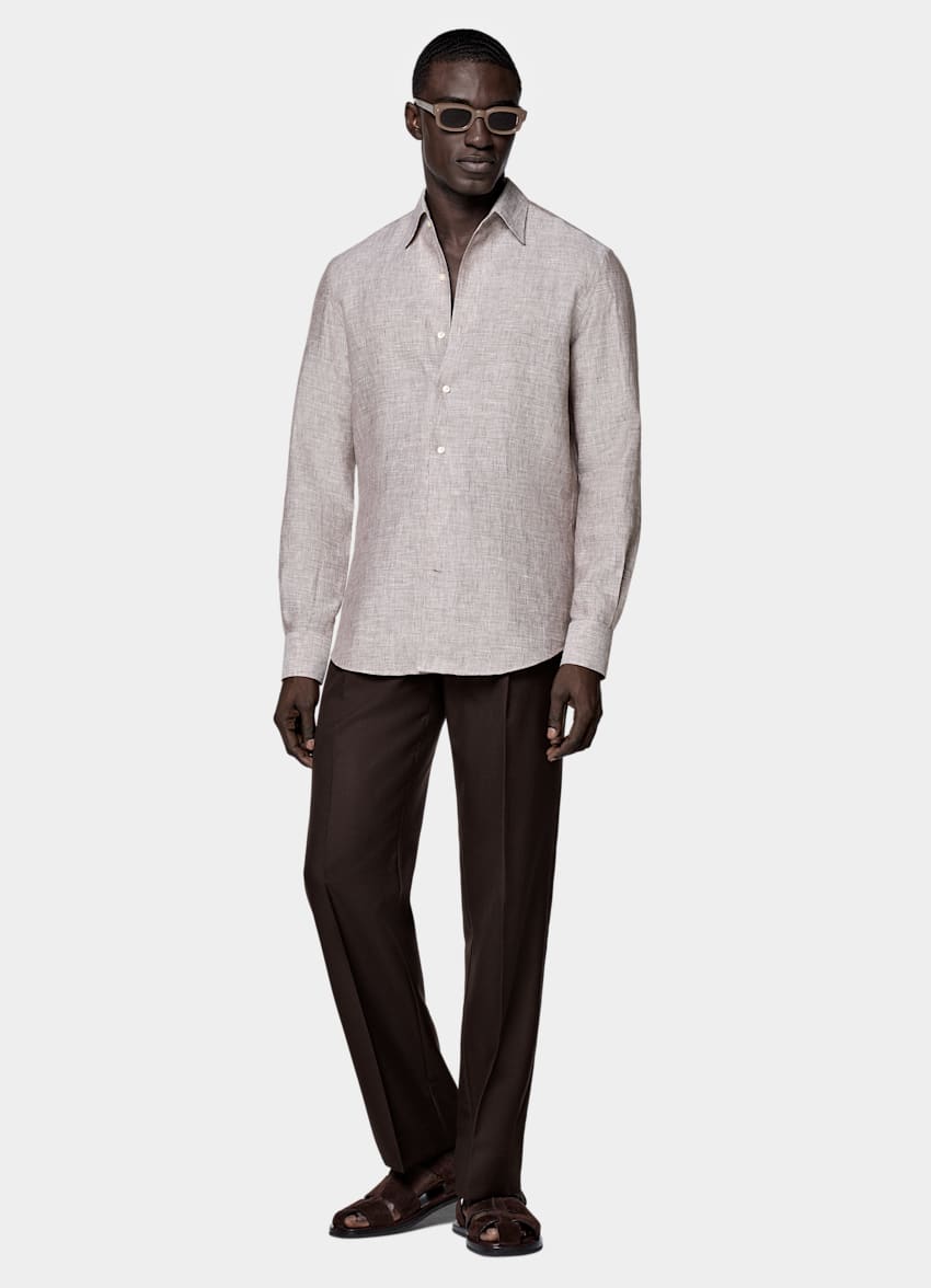 SUITSUPPLY Pure Linen by Albini, Italy Brown Striped Tailored Fit Shirt
