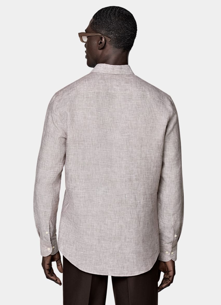 SUITSUPPLY Pure Linen by Albini, Italy Brown Striped Tailored Fit Shirt