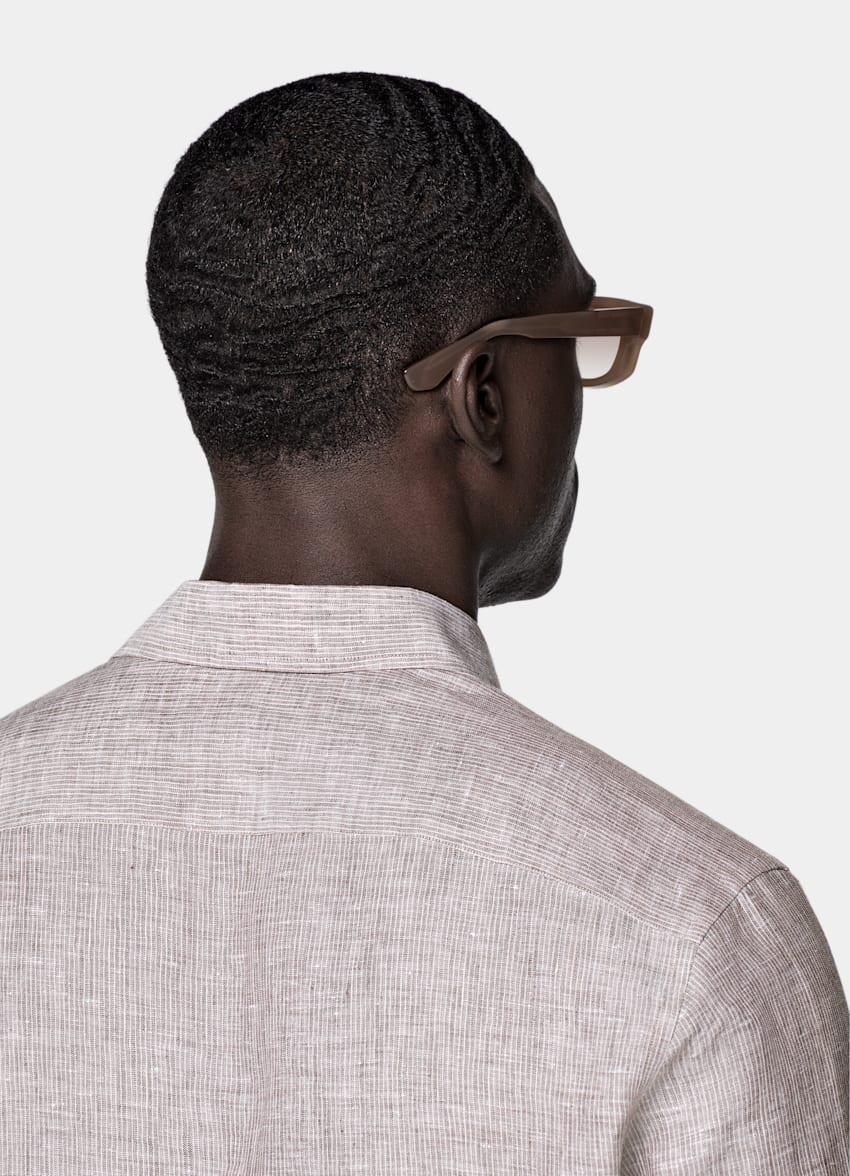 SUITSUPPLY Pure Linen by Albini, Italy Brown Striped Tailored Fit Shirt