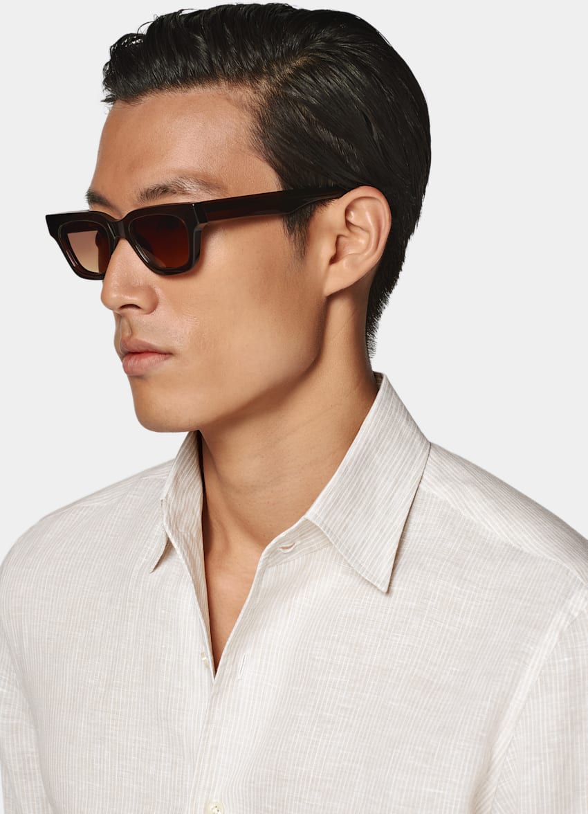 SUITSUPPLY Pure Linen by Albini, Italy Sand Striped Tailored Fit Shirt