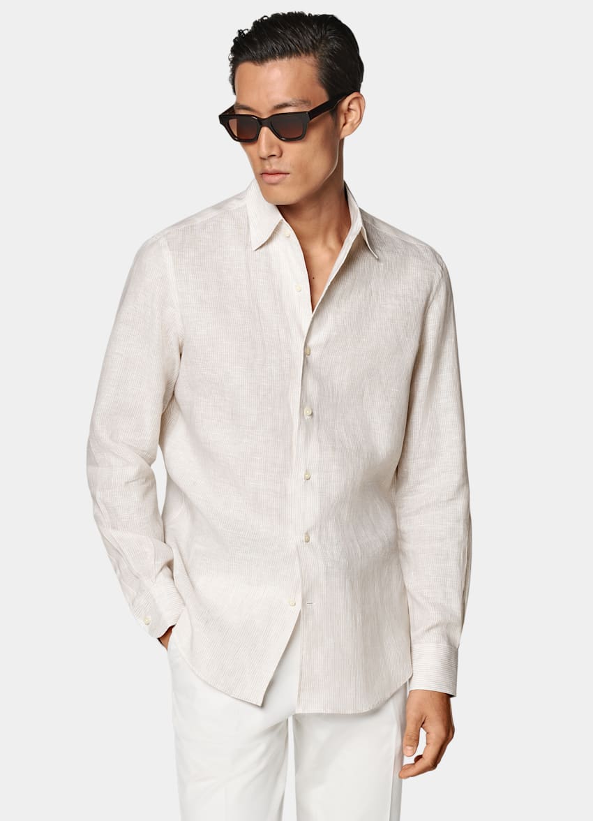 SUITSUPPLY Pure Linen by Albini, Italy Sand Striped Tailored Fit Shirt