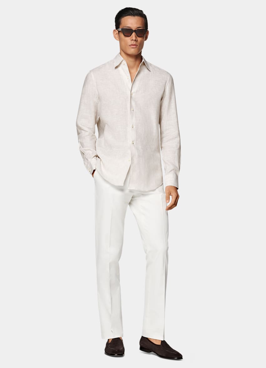 SUITSUPPLY Pure Linen by Albini, Italy Sand Striped Tailored Fit Shirt