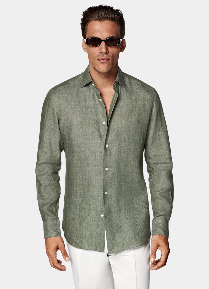 SUITSUPPLY Pure Linen by Albini, Italy Green Tailored Fit Shirt