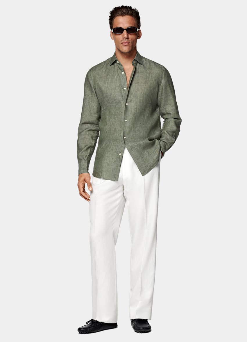 SUITSUPPLY Pure Linen by Albini, Italy Green Tailored Fit Shirt