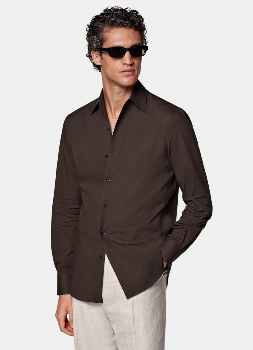 SUITSUPPLY Egyptian Cotton by Albini, Italy Brown Tailored Fit Shirt