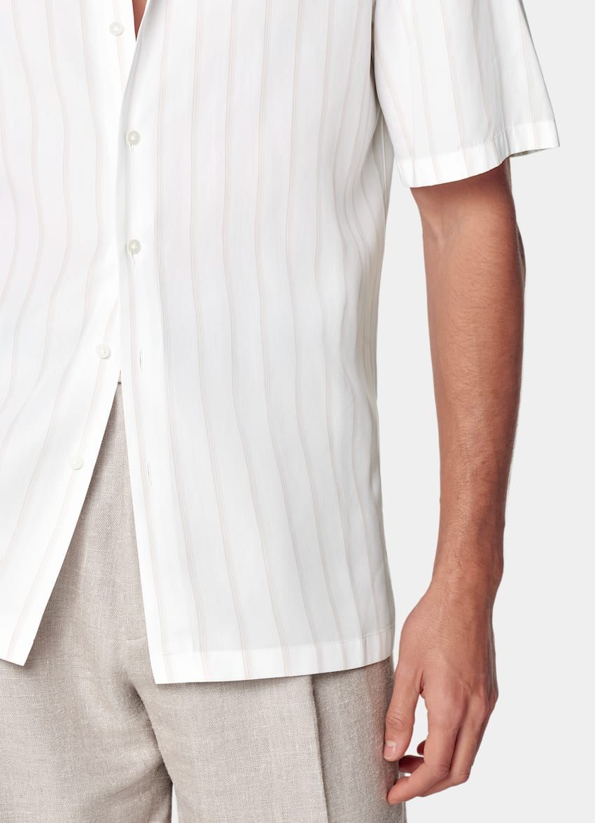 SUITSUPPLY Pure Lyocell by Albini, Italy White Striped Tailored Fit Short Sleeve Shirt