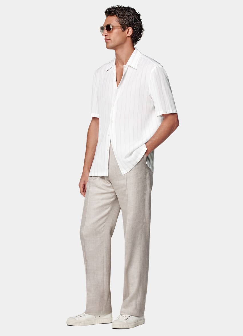 SUITSUPPLY Pure Lyocell by Albini, Italy White Striped Tailored Fit Short Sleeve Shirt