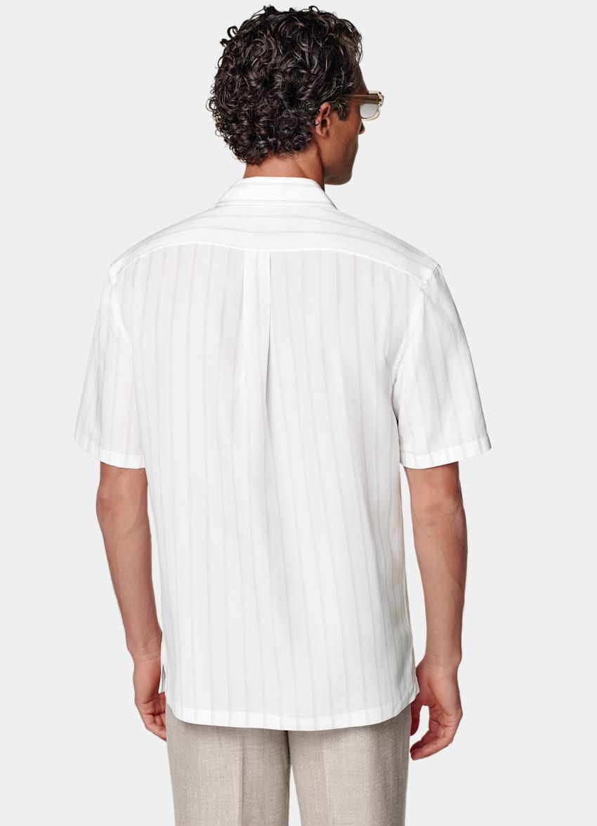 SUITSUPPLY Pure Lyocell by Albini, Italy White Striped Tailored Fit Short Sleeve Shirt