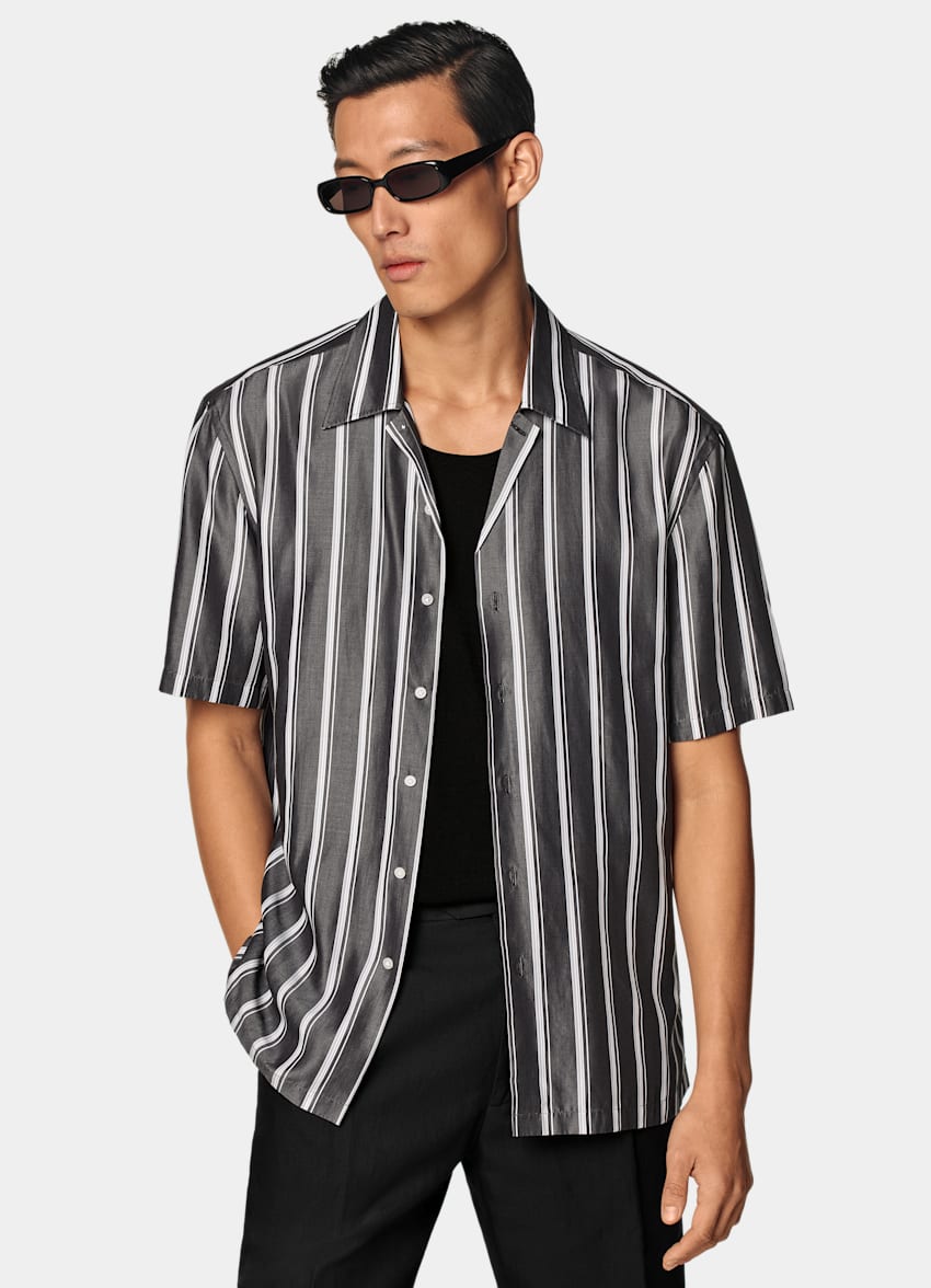 SUITSUPPLY Pure Lyocell by Albini, Italy Black Striped Tailored Fit Short Sleeve Shirt