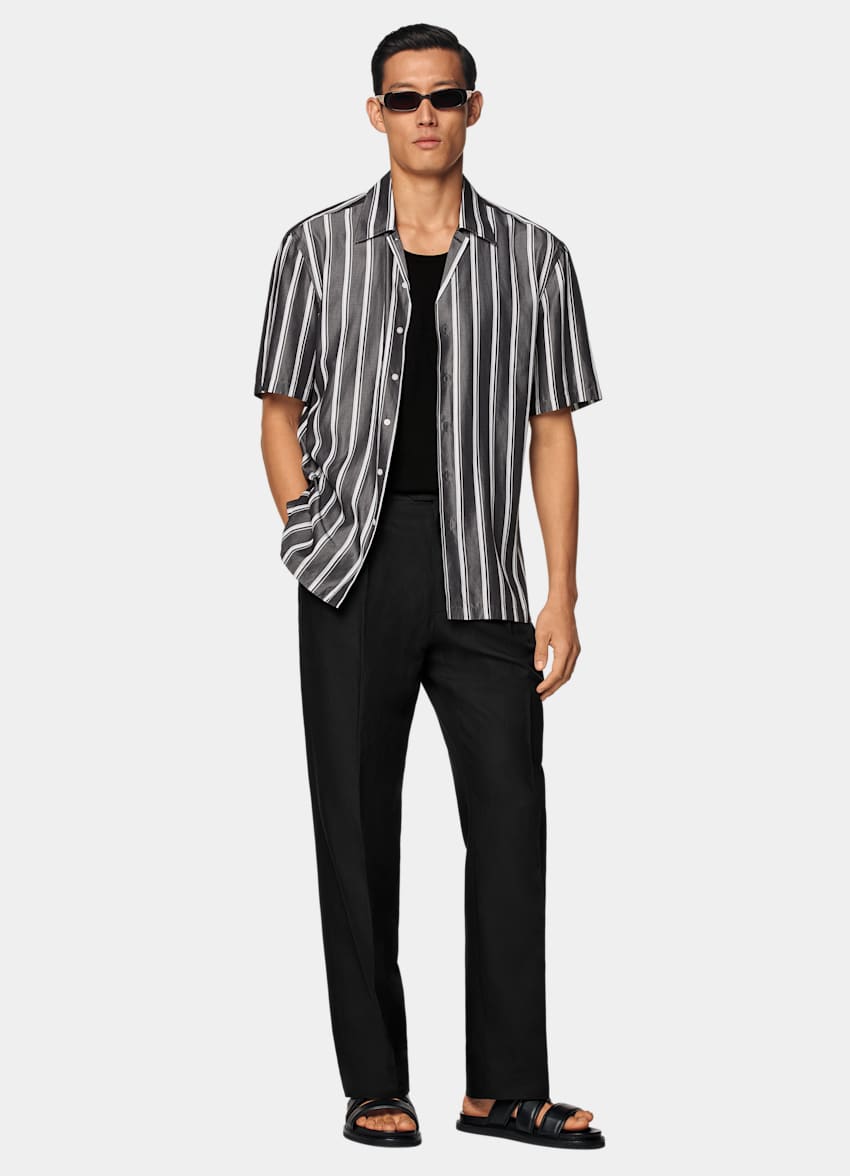 SUITSUPPLY Pure Lyocell by Albini, Italy Black Striped Tailored Fit Short Sleeve Shirt