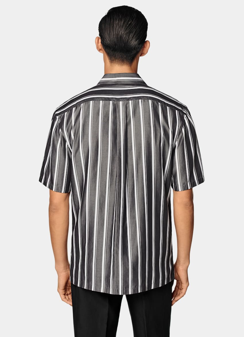 SUITSUPPLY Pure Lyocell by Albini, Italy Black Striped Tailored Fit Short Sleeve Shirt