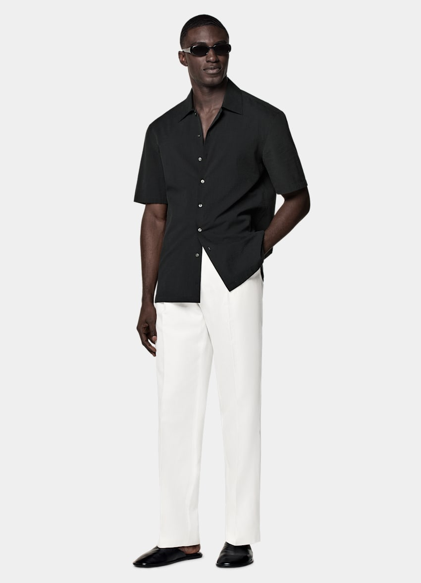 SUITSUPPLY Egyptian Cotton by Testa 1919 Srl, Italy Black Tailored Fit Short Sleeve Shirt