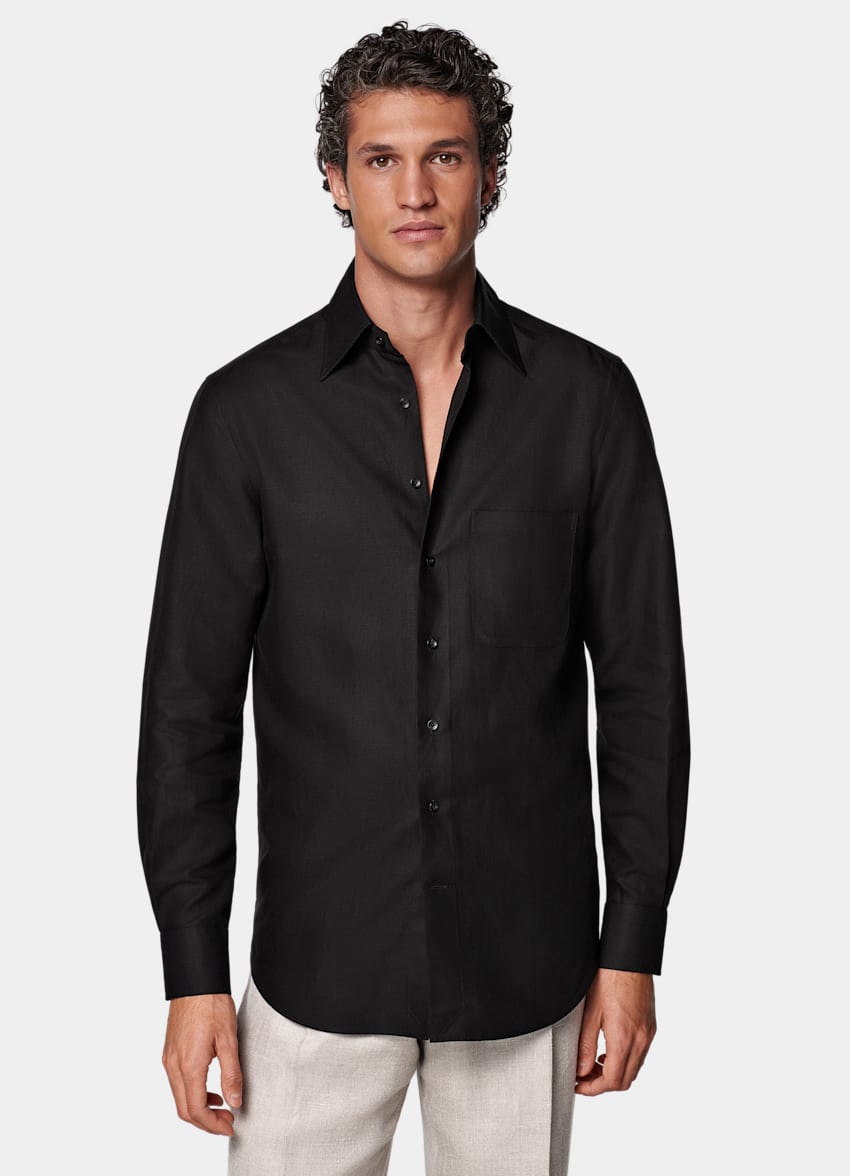 SUITSUPPLY Lyocell, Linen & Cotton by Di Sondrio, Italy Black Relaxed Fit Shirt