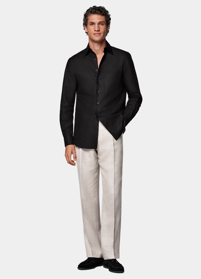 SUITSUPPLY Lyocell, Linen & Cotton by Di Sondrio, Italy Black Relaxed Fit Shirt
