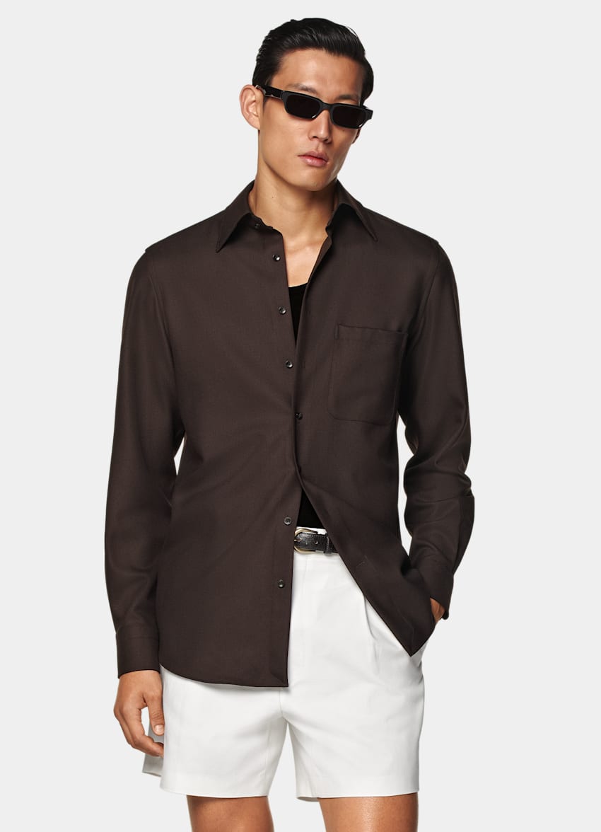 SUITSUPPLY Pure Wool by Vitale Barberis Canonico, Italy Dark Brown Relaxed Fit Shirt