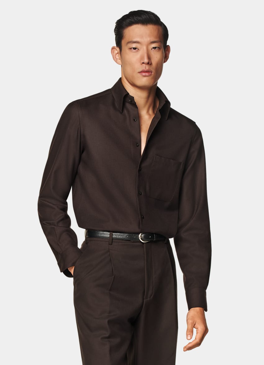SUITSUPPLY Pure Wool by Vitale Barberis Canonico, Italy Dark Brown Relaxed Fit Shirt