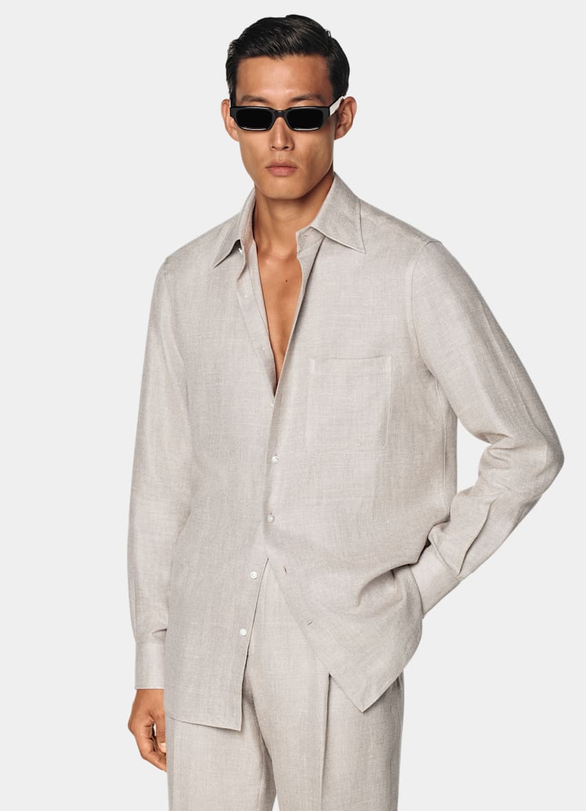 SUITSUPPLY Silk Linen Wool by E.Thomas, Italy Light Taupe Relaxed Fit Shirt