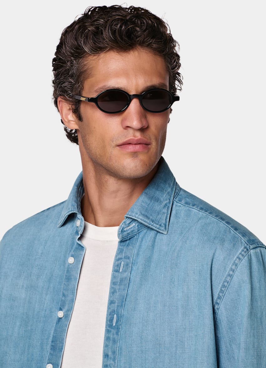 SUITSUPPLY 이집션 코튼 데님, Canclini, 이탈리아 미드 블루 데님 셔츠