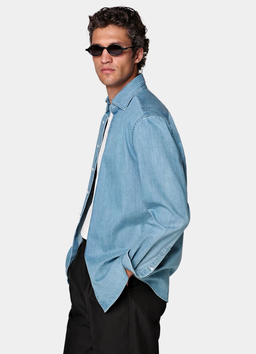 SUITSUPPLY 이집션 코튼 데님, Canclini, 이탈리아 미드 블루 데님 셔츠