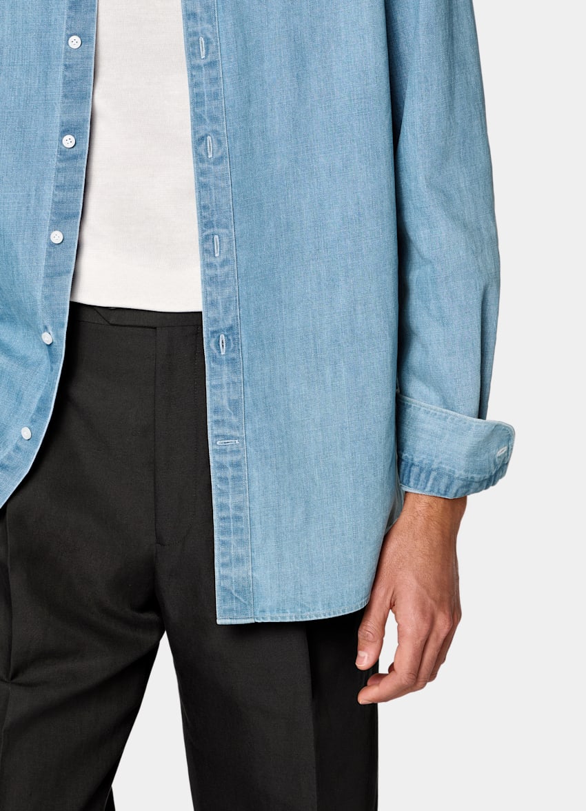 SUITSUPPLY 이집션 코튼 데님, Canclini, 이탈리아 미드 블루 데님 셔츠