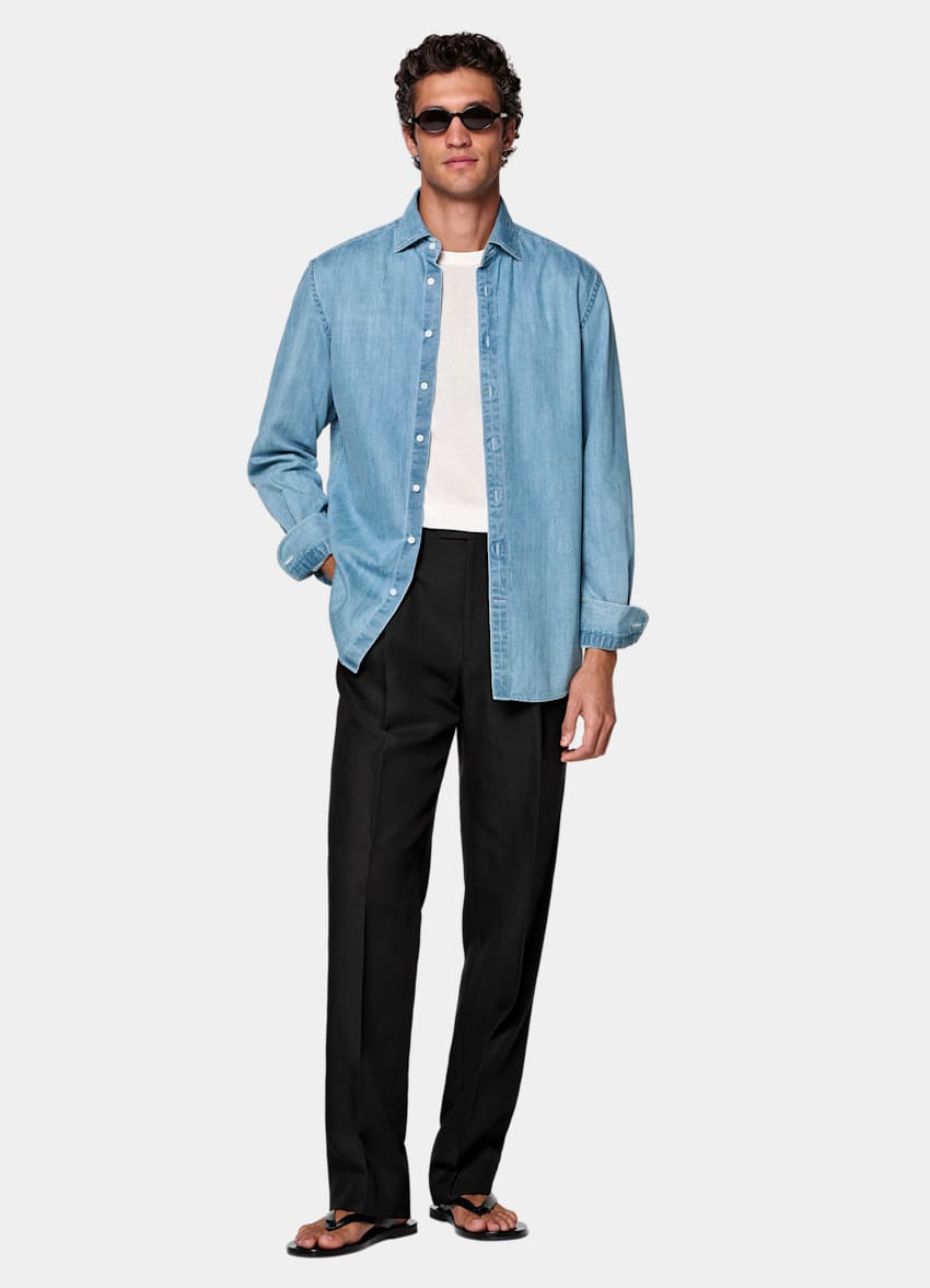 SUITSUPPLY 이집션 코튼 데님, Canclini, 이탈리아 미드 블루 데님 셔츠