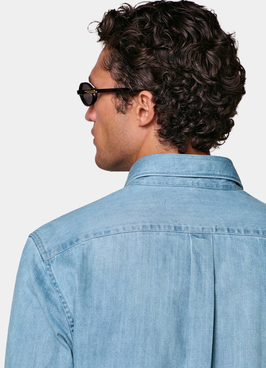 SUITSUPPLY 이집션 코튼 데님, Canclini, 이탈리아 미드 블루 데님 셔츠