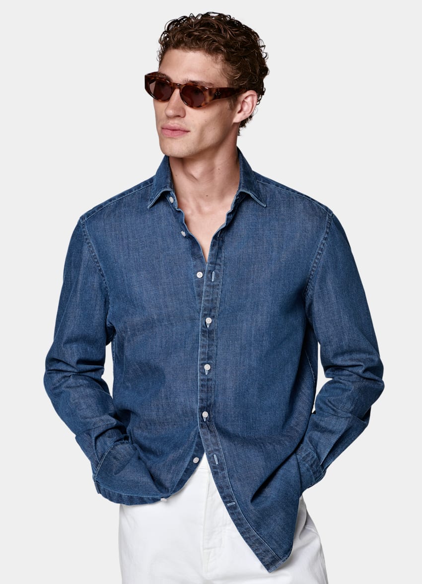 SUITSUPPLY &Auml;gyptischer Baumwolle-Denim von Canclini, Italien Dunkelblaues Denim-Hemd