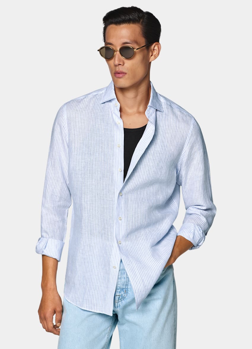 SUITSUPPLY Pure Linen by Baird McNutt, United Kingdom Mid Blue Striped Linen Shirt