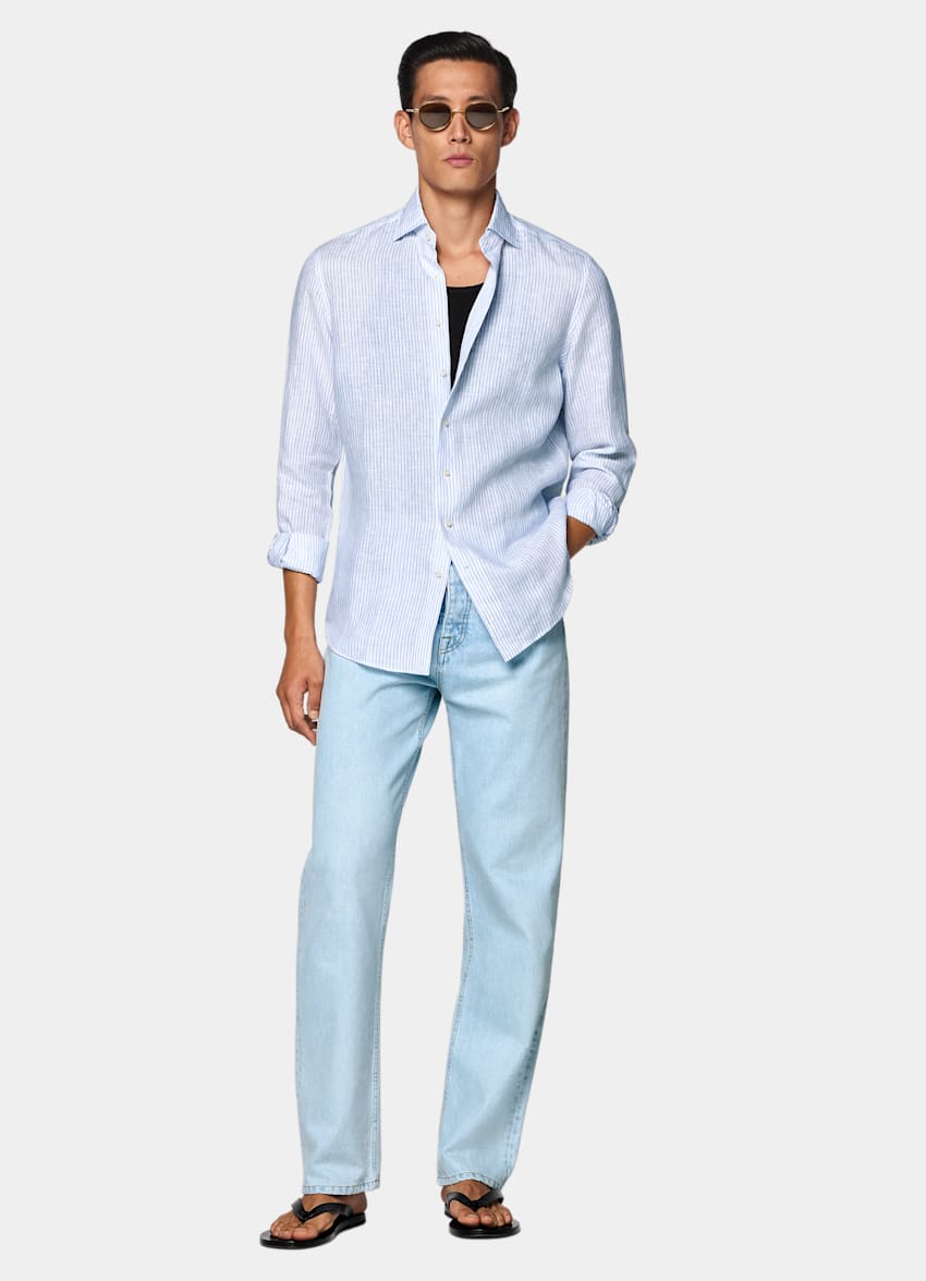 SUITSUPPLY Pure Linen by Baird McNutt, United Kingdom Mid Blue Striped Linen Shirt