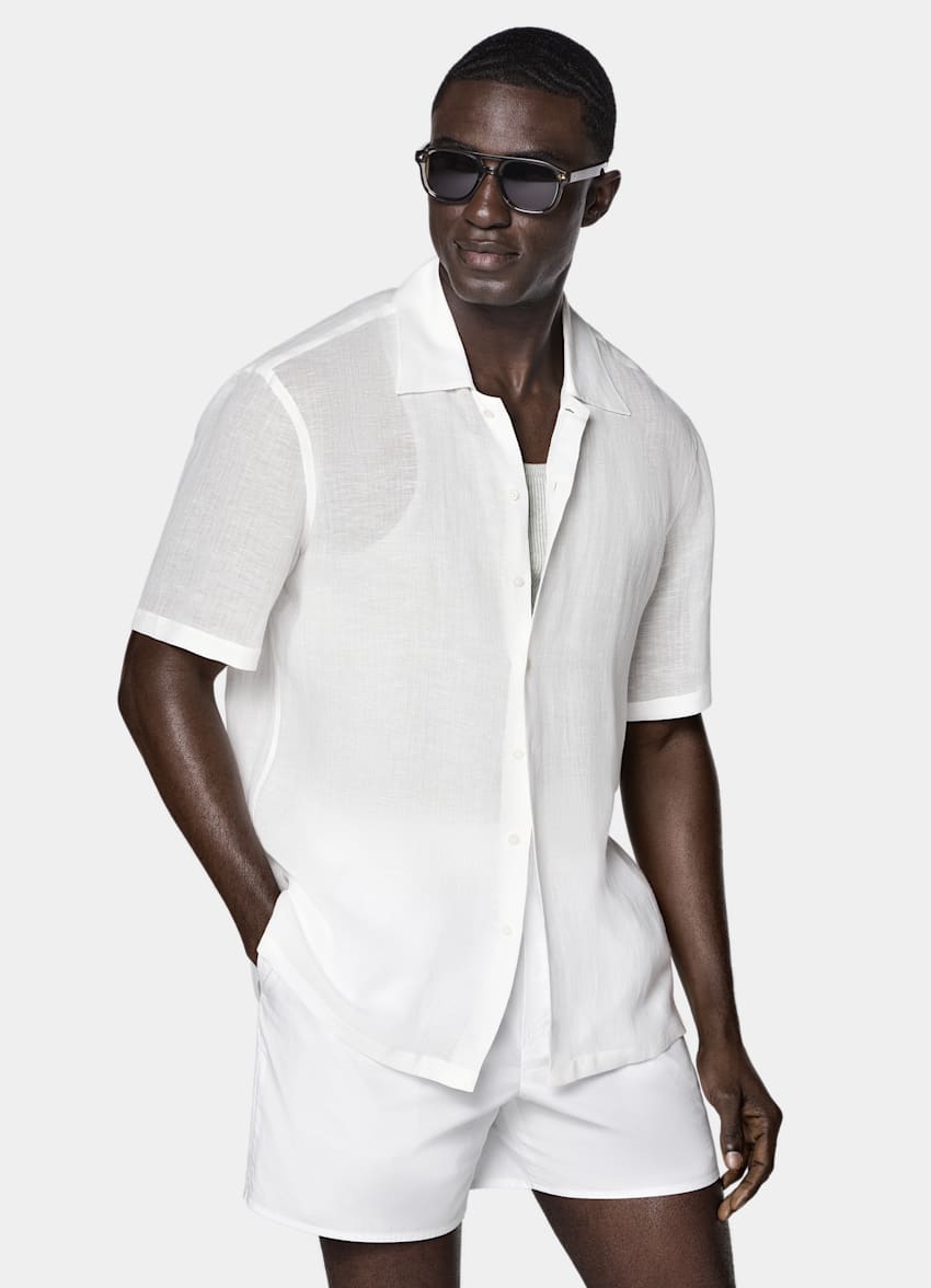 SUITSUPPLY Viscose Linen by Emmetex, Italy Off-White Viscose Linen Short Sleeve Shirt
