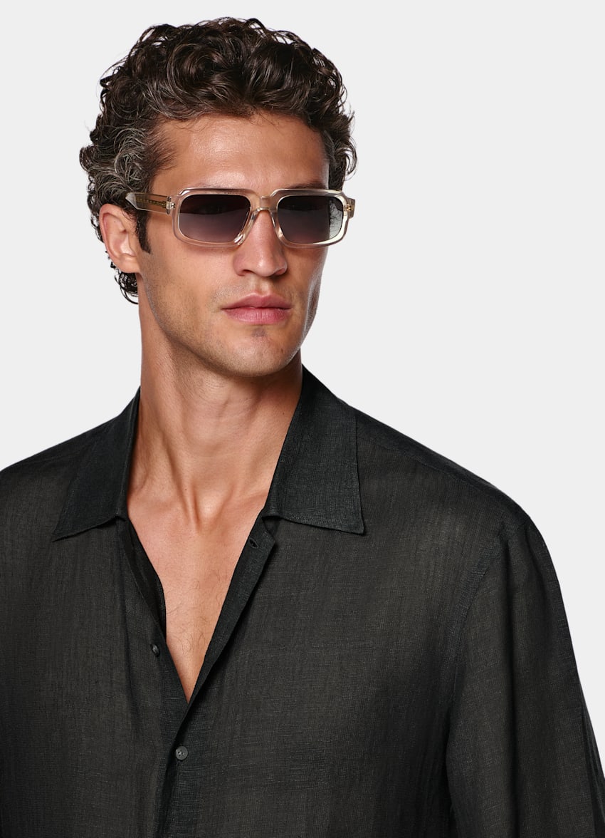 SUITSUPPLY 意大利 Emmetex 生产的原木天丝亚麻面料 黑色粘胶亚麻短袖衬衫