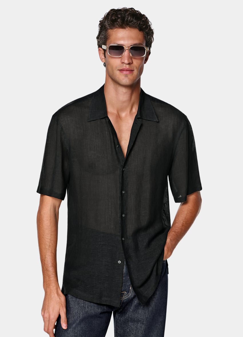 SUITSUPPLY 意大利 Emmetex 生产的原木天丝亚麻面料 黑色粘胶亚麻短袖衬衫