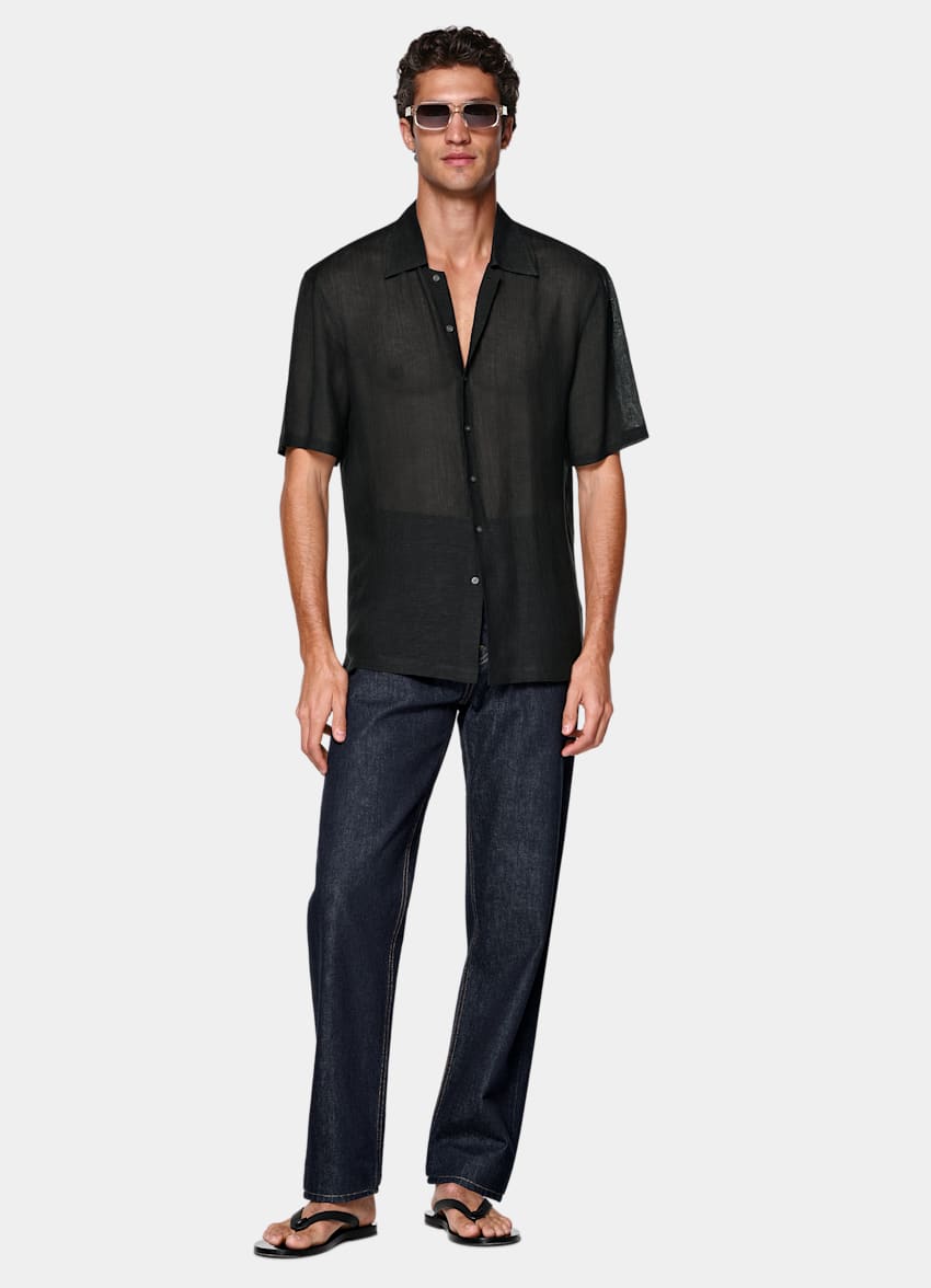 SUITSUPPLY 意大利 Emmetex 生产的原木天丝亚麻面料 黑色粘胶亚麻短袖衬衫