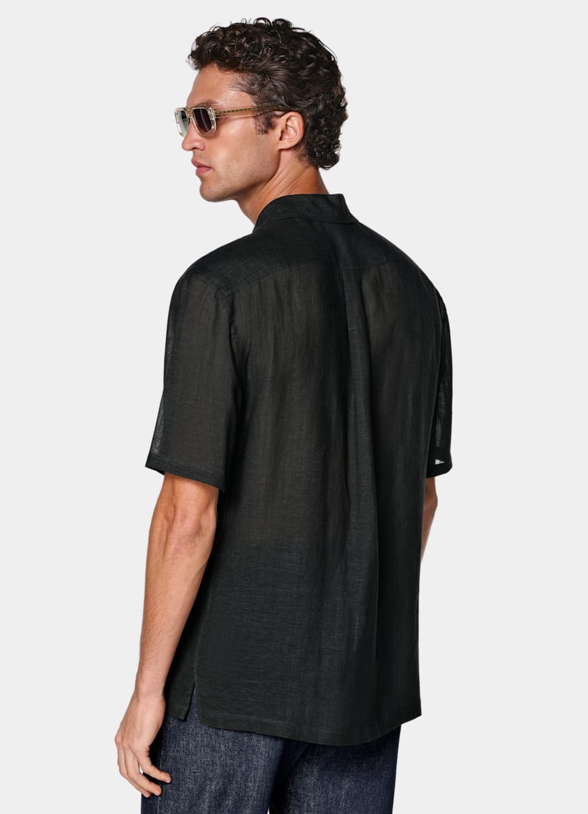 SUITSUPPLY 意大利 Emmetex 生产的原木天丝亚麻面料 黑色粘胶亚麻短袖衬衫