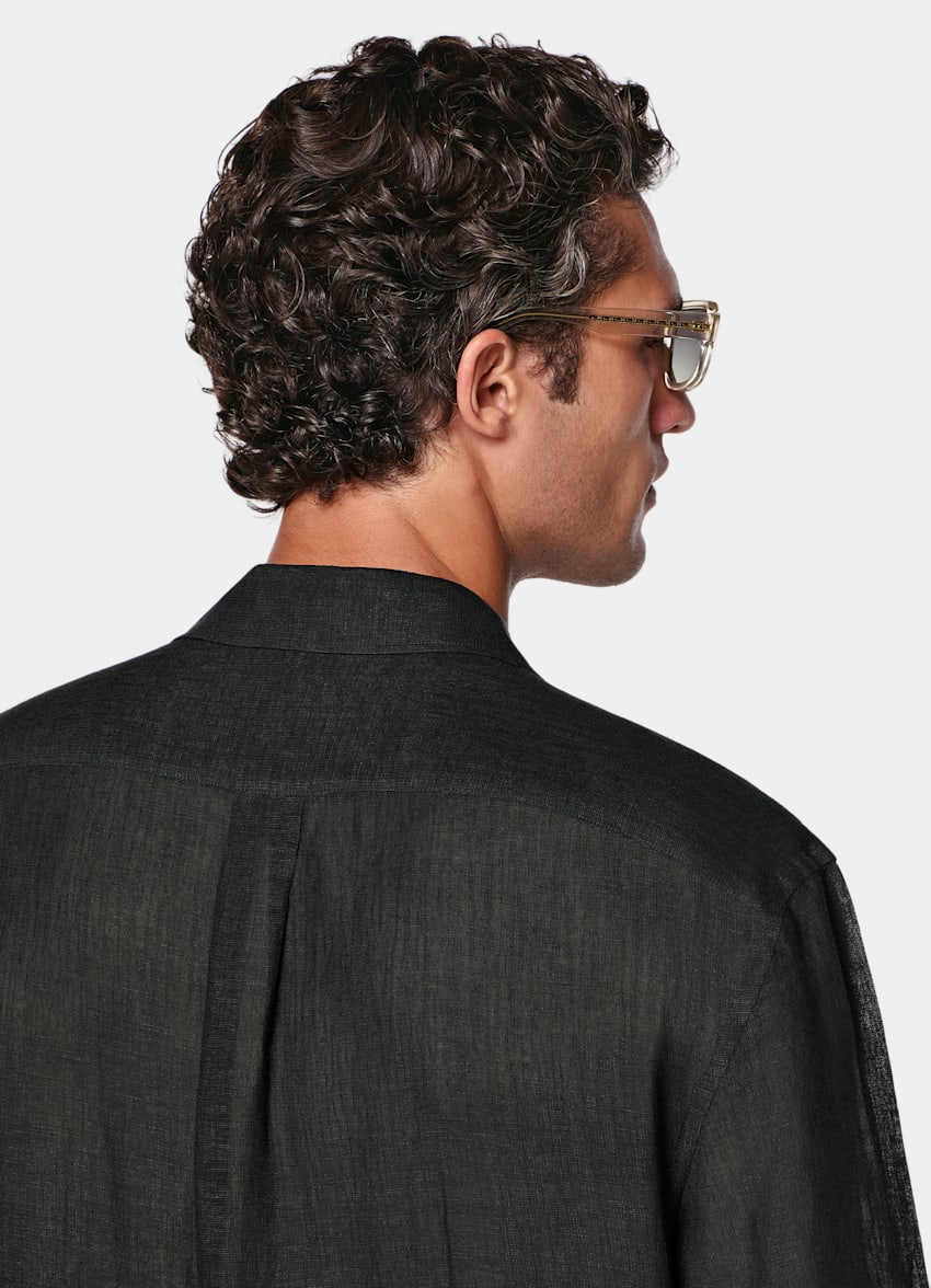 SUITSUPPLY 意大利 Emmetex 生产的原木天丝亚麻面料 黑色粘胶亚麻短袖衬衫